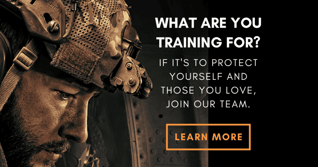 Elite-Level Skills Close-up of a focused warrior in tactical gear with the words “What are you training for? If it's to protect yourself and those you love, join our team.”
