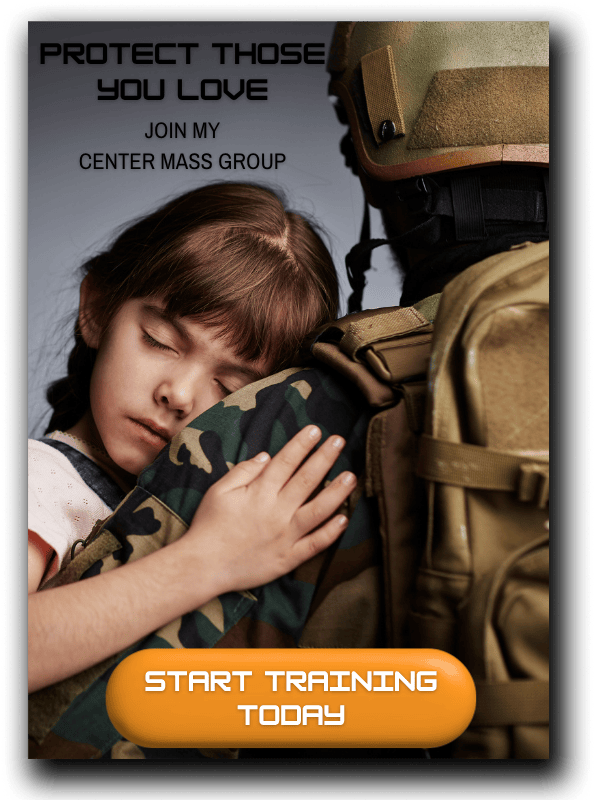 image of soldier holding a child with text to join Chris Sajnog's Center Mass Group